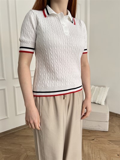 Yakalı Saç Örgü Şerit Detaylı Triko Beyaz