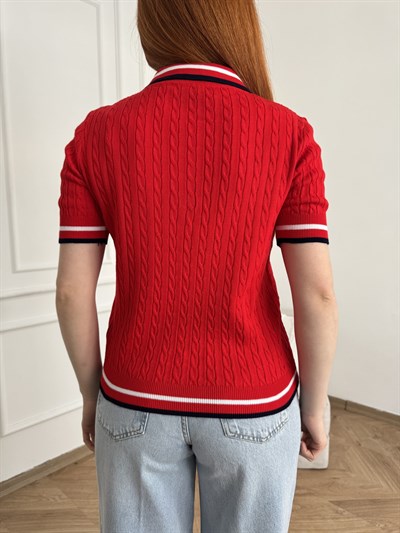 Yakalı Saç Örgü Şerit Detaylı Triko Kırmızı