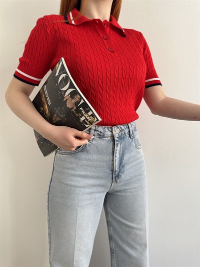 Yakalı Saç Örgü Şerit Detaylı Triko Kırmızı