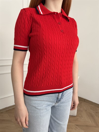 Yakalı Saç Örgü Şerit Detaylı Triko Kırmızı