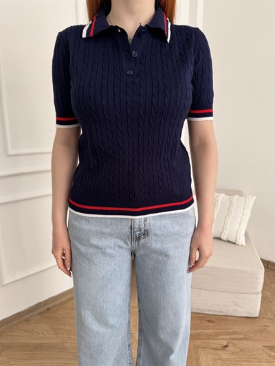 Yakalı Saç Örgü Şerit Detaylı Triko Lacivert