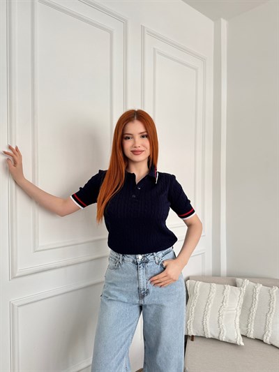 Yakalı Saç Örgü Şerit Detaylı Triko Lacivert