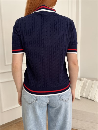 Yakalı Saç Örgü Şerit Detaylı Triko Lacivert