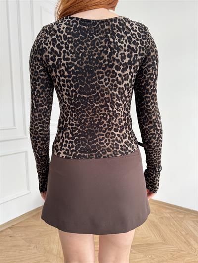 Düşük Yaka Leopar Bluz Kahve-siyah