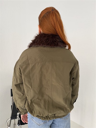 Yakası Kürklü Bomber Mont Haki