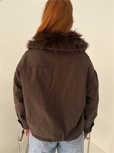 Yakası Kürklü Bomber Mont Kahve