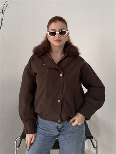 Yakası Kürklü Bomber Mont Kahve