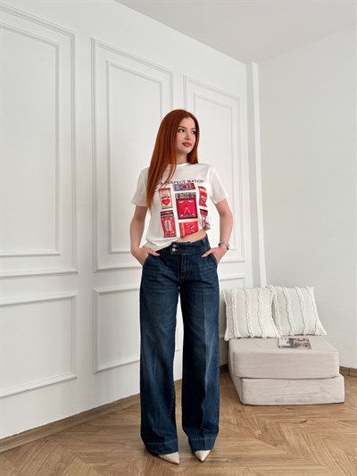 Yan Cepli Bol Kot Pantolon Mavi