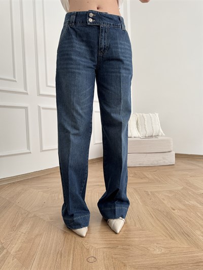 Yan Cepli Bol Kot Pantolon Mavi