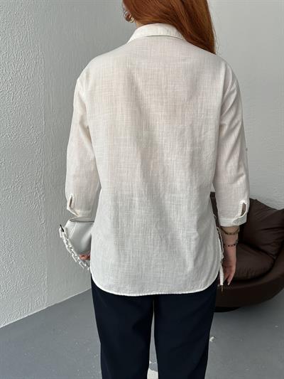 Yanları Bağcıklı Gömlek Ekru