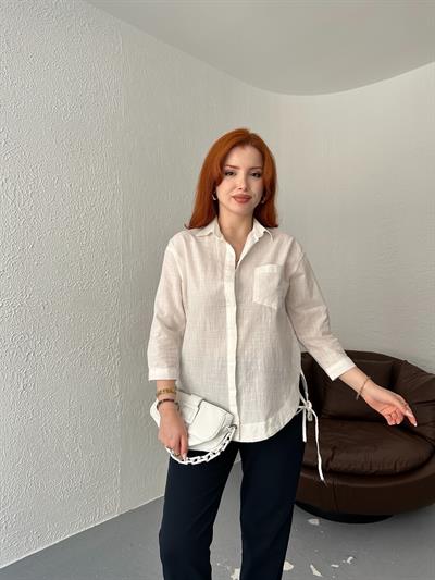 Yanları Bağcıklı Gömlek Ekru