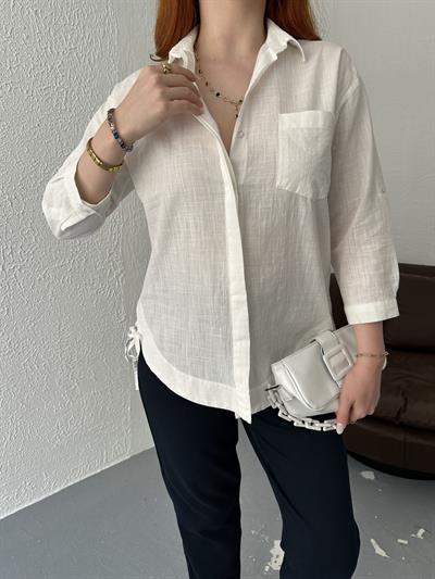 Yanları Bağcıklı Gömlek Ekru