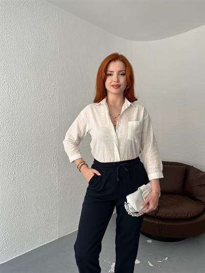 Yanları Bağcıklı Gömlek Ekru