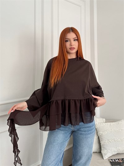 Yarasa Kol Şifon Detaylı Katlı Bluz Kahve