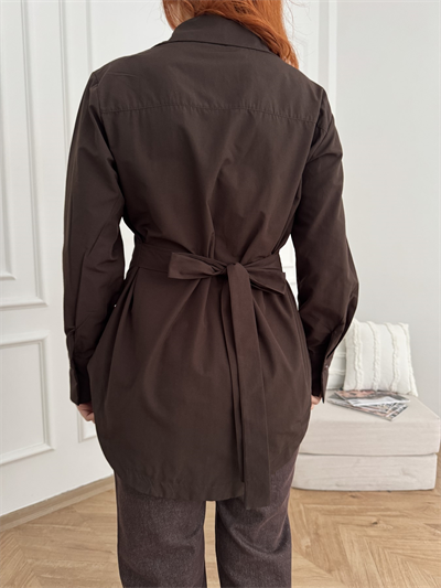 Yarım Düğmeli Oversize Poplin Gömlek Kahve