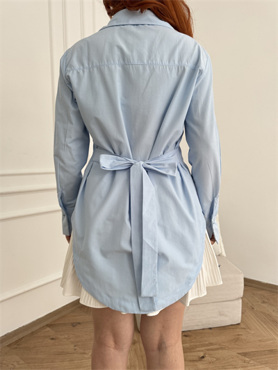 Yarım Düğmeli Oversize Poplin Gömlek Mavi