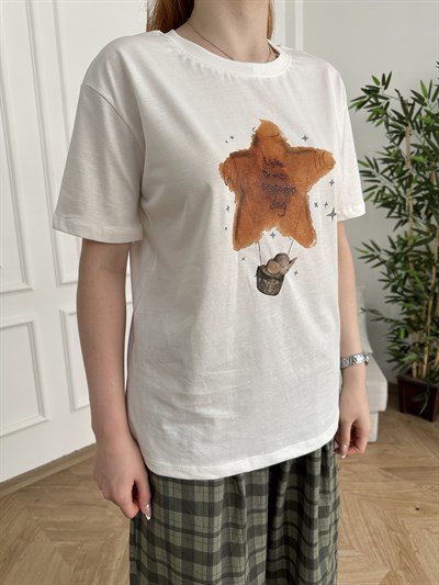 Yıldızlı Fil Baskılı T-shirt Ekru