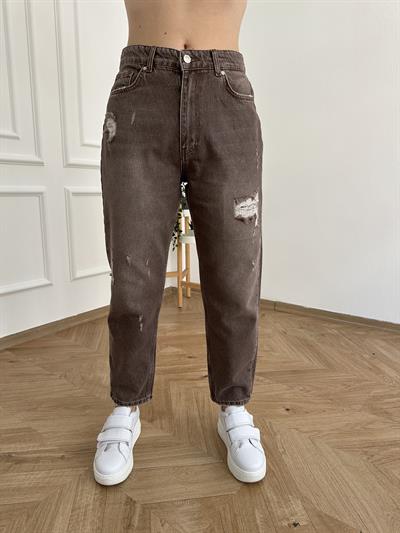 Yırtık Detay Denim Pantolon Kahve