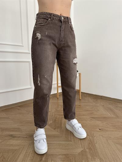 Yırtık Detay Denim Pantolon Kahve