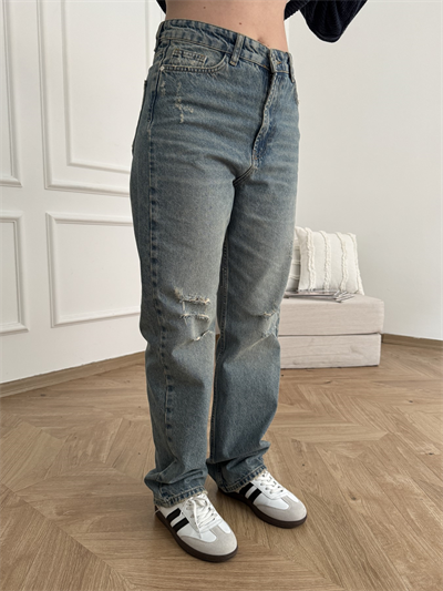 Yırtık Detay Wide Leg Jean Mavi