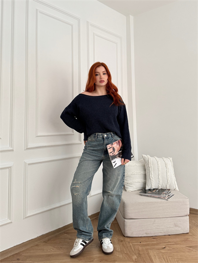 Yırtık Detay Wide Leg Jean Mavi