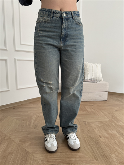 Yırtık Detay Wide Leg Jean Mavi