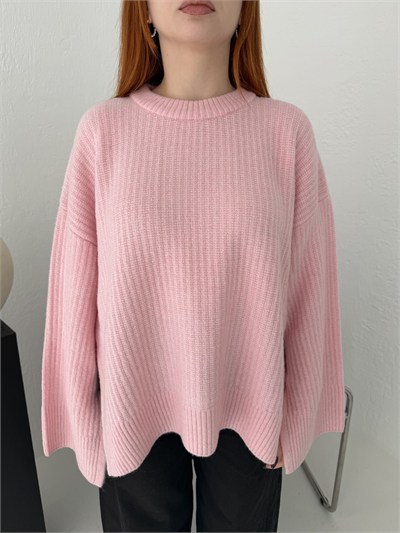 Yırtmaç Detay Oversize Triko Pembe