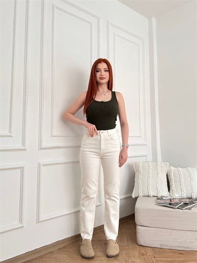 Yüksek Bel Paças Kesik Pantolon Beyaz