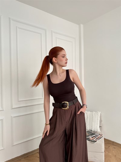 Yuvarlak Yaka Penye Atlet Koyu kahve