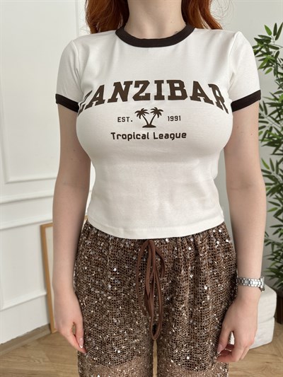 Zanzıbar Baskılı Slim Fit T-shirt Ekru
