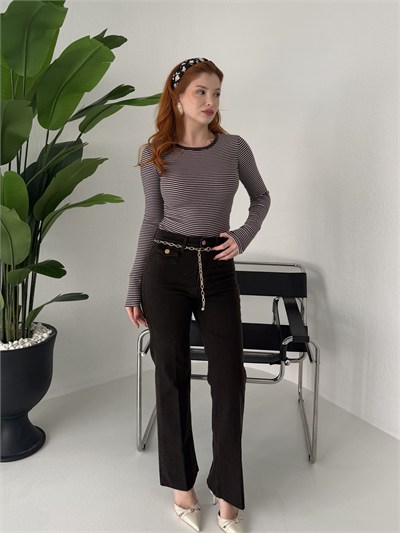 Zincir Kemerli Mini Cep Jean Pantolon Kahve