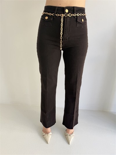 Zincir Kemerli Mini Cep Jean Pantolon Kahve
