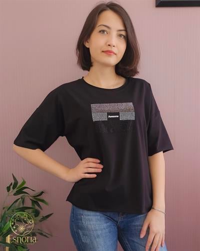 ESNORIA25Y14KTIS002-01-SAwesome Baskılı Pullu Tişört Siyah