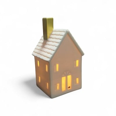 1 Adet 12x7cm  Mini Seramik Ev Led Işıklı Dekor Biblo Altın Renk Bacalı