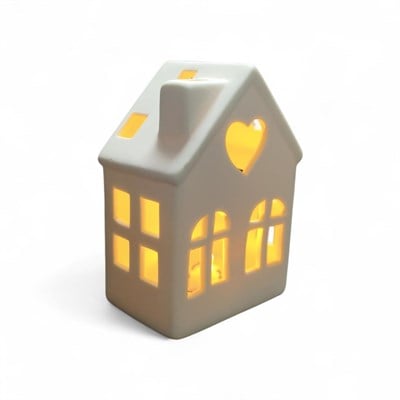 1 Adet 13x9cm Mini Seramik Ev Led Işıklı Dekor Biblo Kalp Pencereli