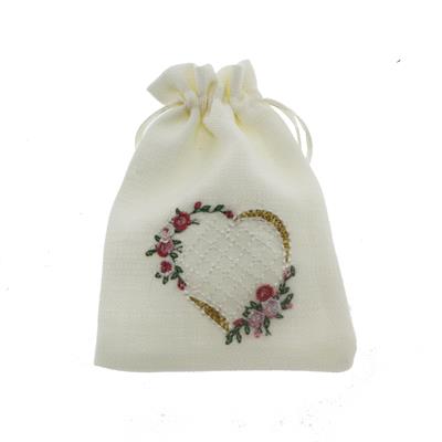 10 Adet 9x12cm Kalp İşlemeli İğne Oyası Keten Kese