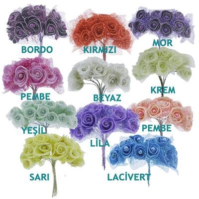 10 Demet (120 Adet) İncili Ve Tüllü Küçük Lateks Gül Çiçek