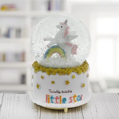 10x15cm Kar Küresi Müzikli Püskürtmeli Işıklı Unicorn Gökkuşağı