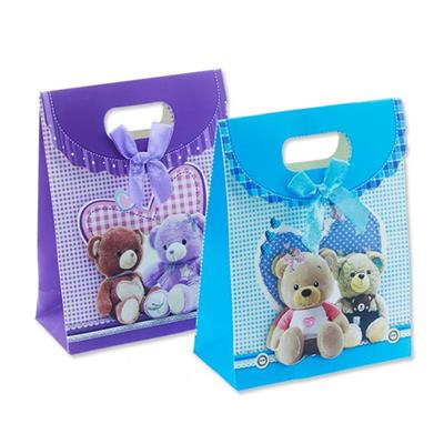 12 Adet 12x16cm Ayıcık Karton Çanta Mavi Mor