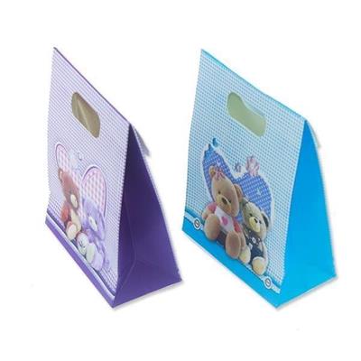 12 Adet 12x16cm Ayıcık Karton Çanta Mavi Mor