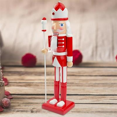 15cm Ahşap Kurşun Asker Kırmızı Beyaz Renkli Elinde Asa
