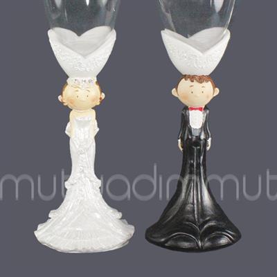 2 Adet Sevimli Gelin Damatlı Cam Kadeh