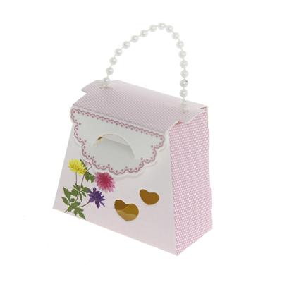 25 Adet 7x6cm İnci Saplı Çiçekli Karton Kutu Çanta Demonte