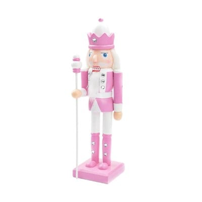 25cm Kurşun Asker Ahşap Yılbaşı Dekoru Pembe Elinde Asa