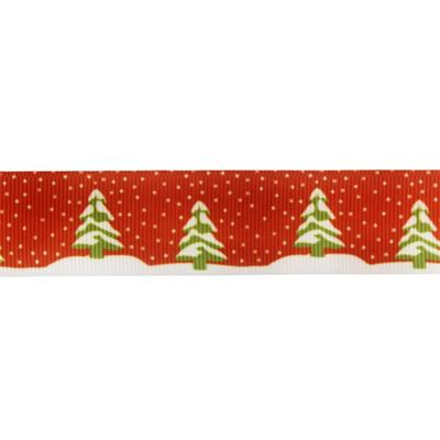 2,5cm x 5metre Grogren Yılbaşı Kurdela Kırmızı Çam Ağaçlı No: 11
