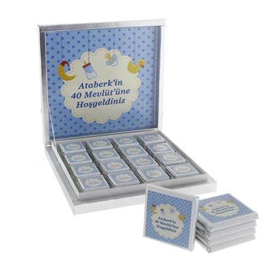 48 Adet İsim Etiketli Mavi Bebek Çikolatası Madlen Desenli