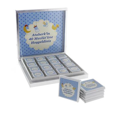 48 Adet İsim Etiketli Mavi Bebek Çikolatası Madlen Desenli