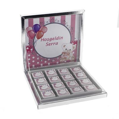 48 Adet İsim Etiketli Pembe Ayıcık Madlen Bebek Çikolata