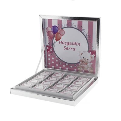 48 Adet İsim Etiketli Pembe Ayıcık Madlen Bebek Çikolata