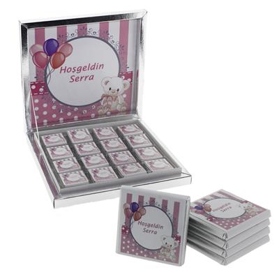 48 Adet İsim Etiketli Pembe Ayıcık Madlen Bebek Çikolata